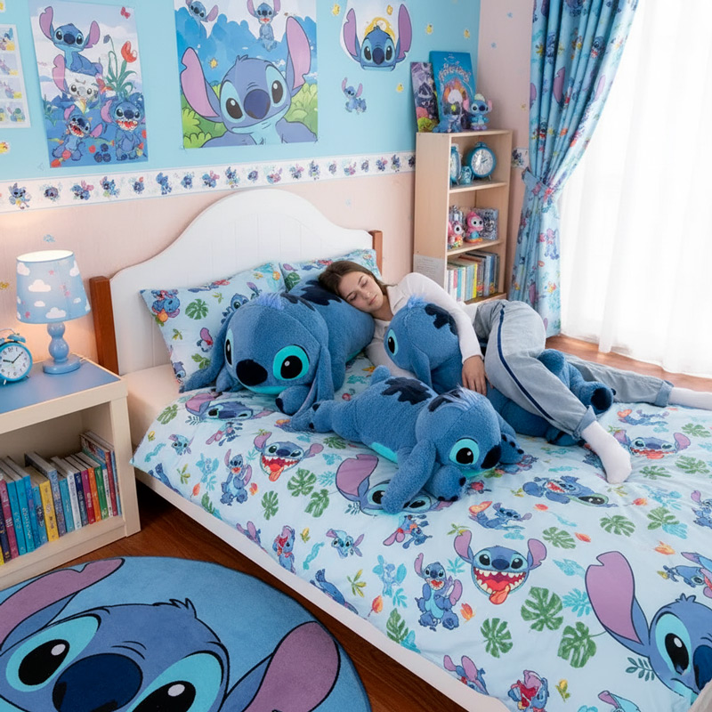 Coussin Peluche Stitch 6 Coussin Peluche Stitch avec une adolescente qui l'utilise comme oreiller