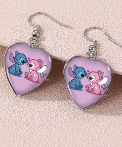 Boucles d’oreilles Stitch et Angel en forme de cœur rose