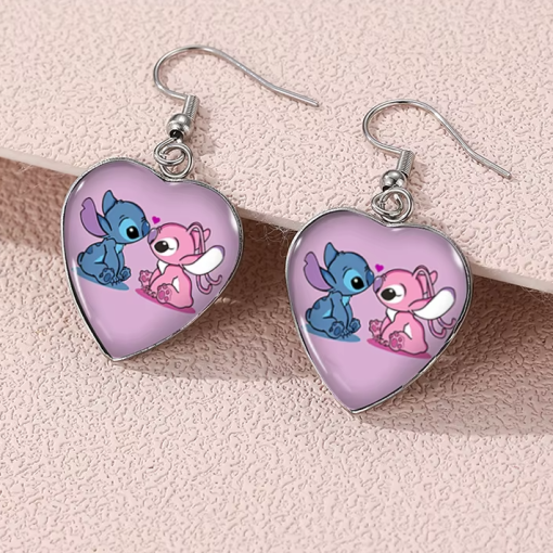 Boucles d’oreilles Stitch et Angel en forme de cœur rose