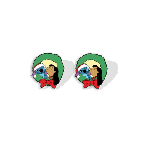 Boucles d’oreilles Stitch Noël avec couronne verte et ruban rouge